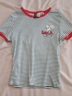 Striped Lola Bunny Ringer Tee - White/Black with Red Trim
